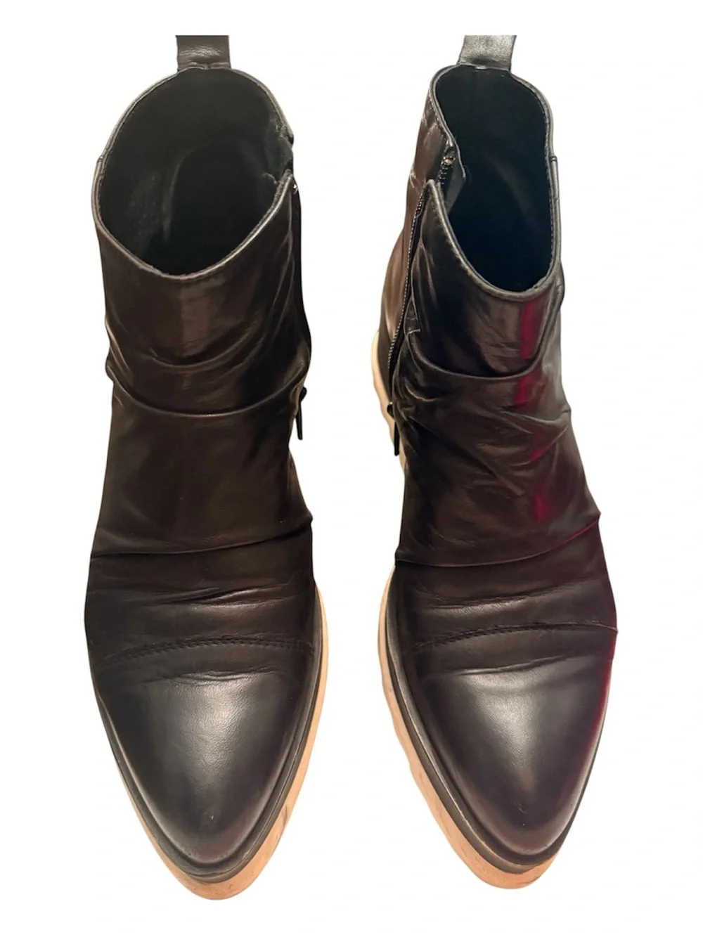 Women's Black Leather Platform Ankle Boots with Cream Lug Sole